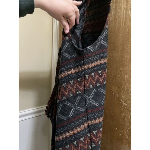 DEMOCRACY Gray Boho Western Pattern 1-Button Wrap Fringe Hooded Vest Sz L - Picture 6 of 12